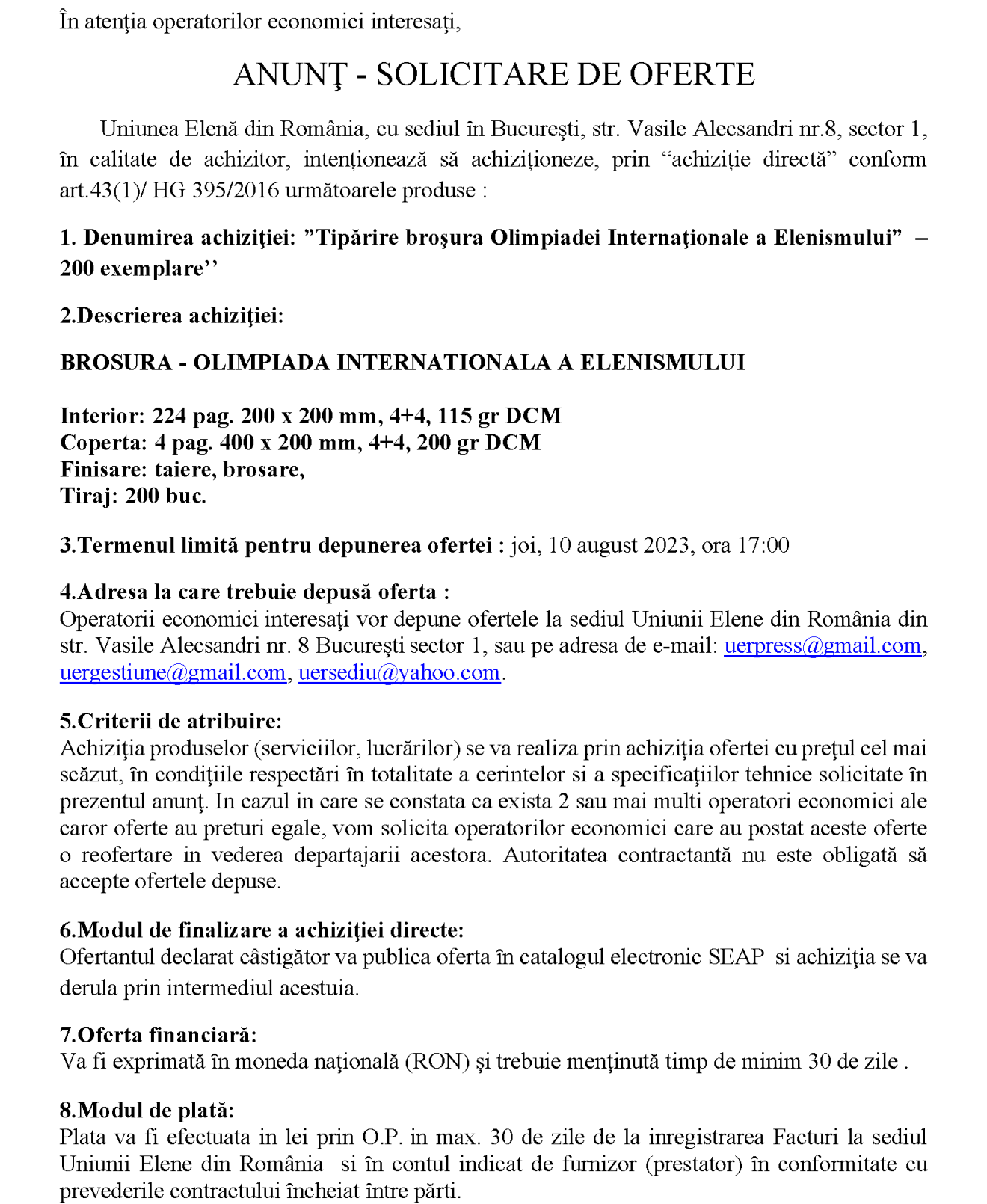 Achiziție servicii de tipărire broșura Olimpiadei Internaționale a Elenismului 2023