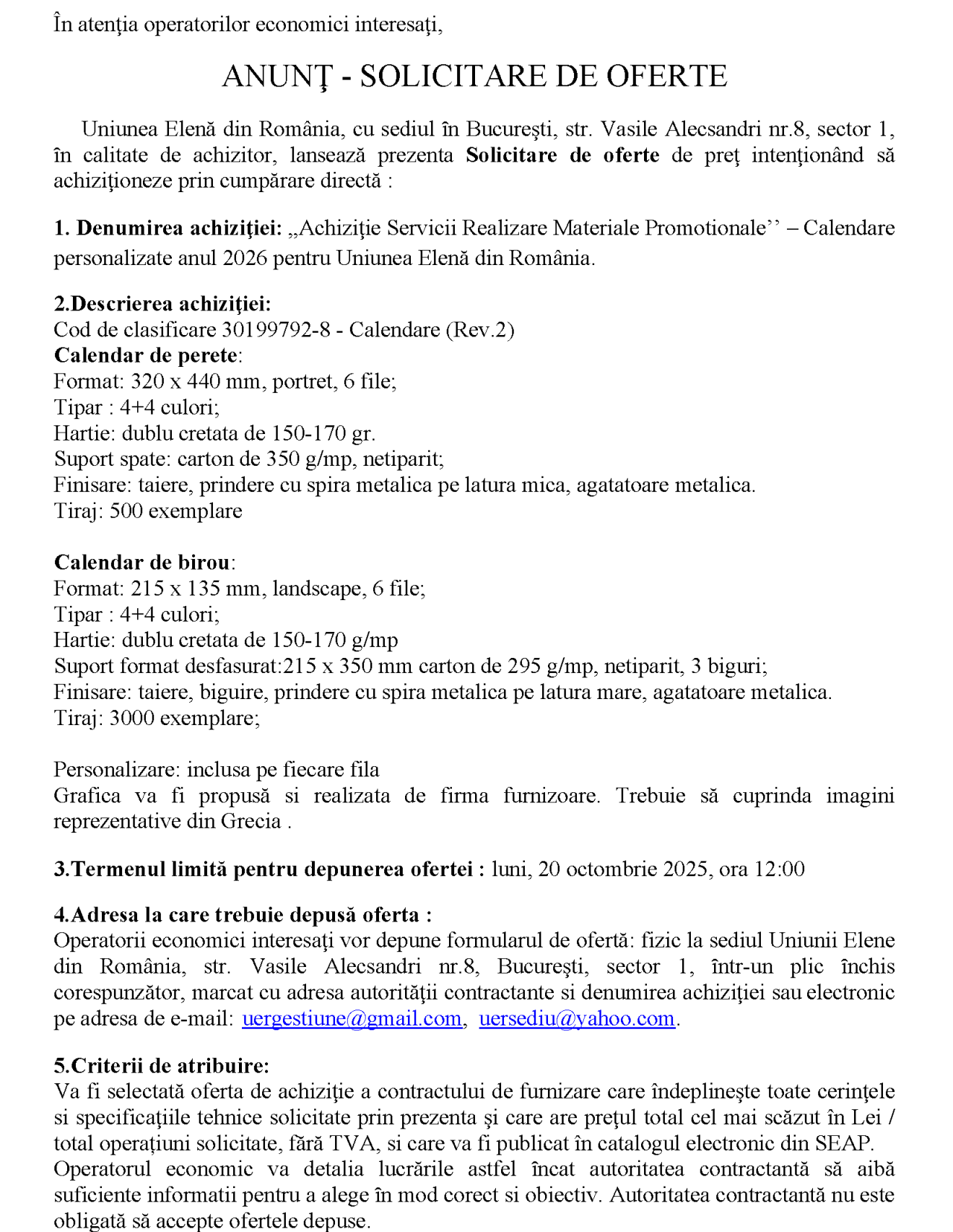 Achiziţie servicii realizare materiale promoționale – Calendare personalizate 2026