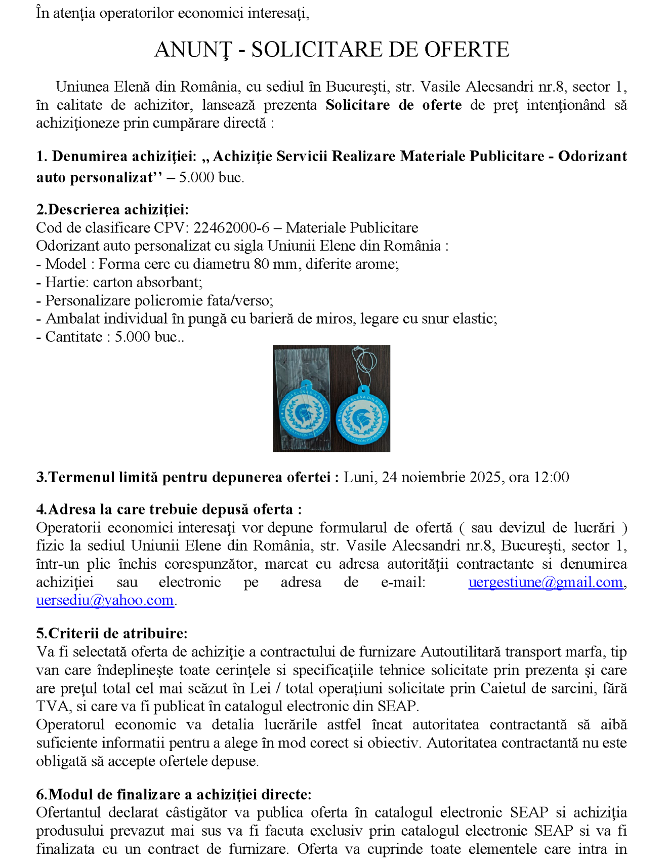 Achiziţie servicii realizare materiale publicitare – odorizante auto personalizate