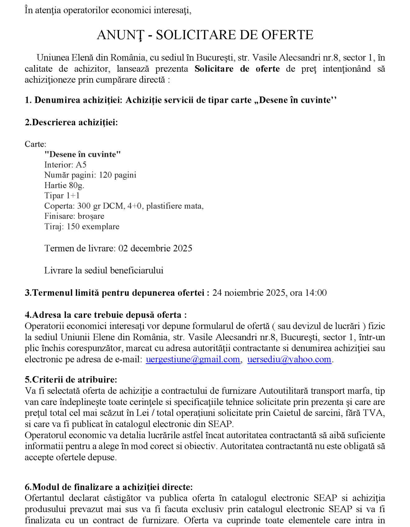 Achiziție servicii de tipar carte „Desene în cuvinte’’