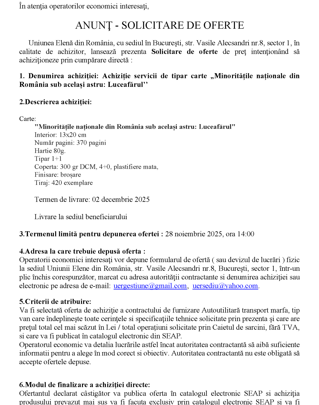 Achiziție servicii de tipar carte „Minoritățile naționale din România sub același astru: Luceafărul’’