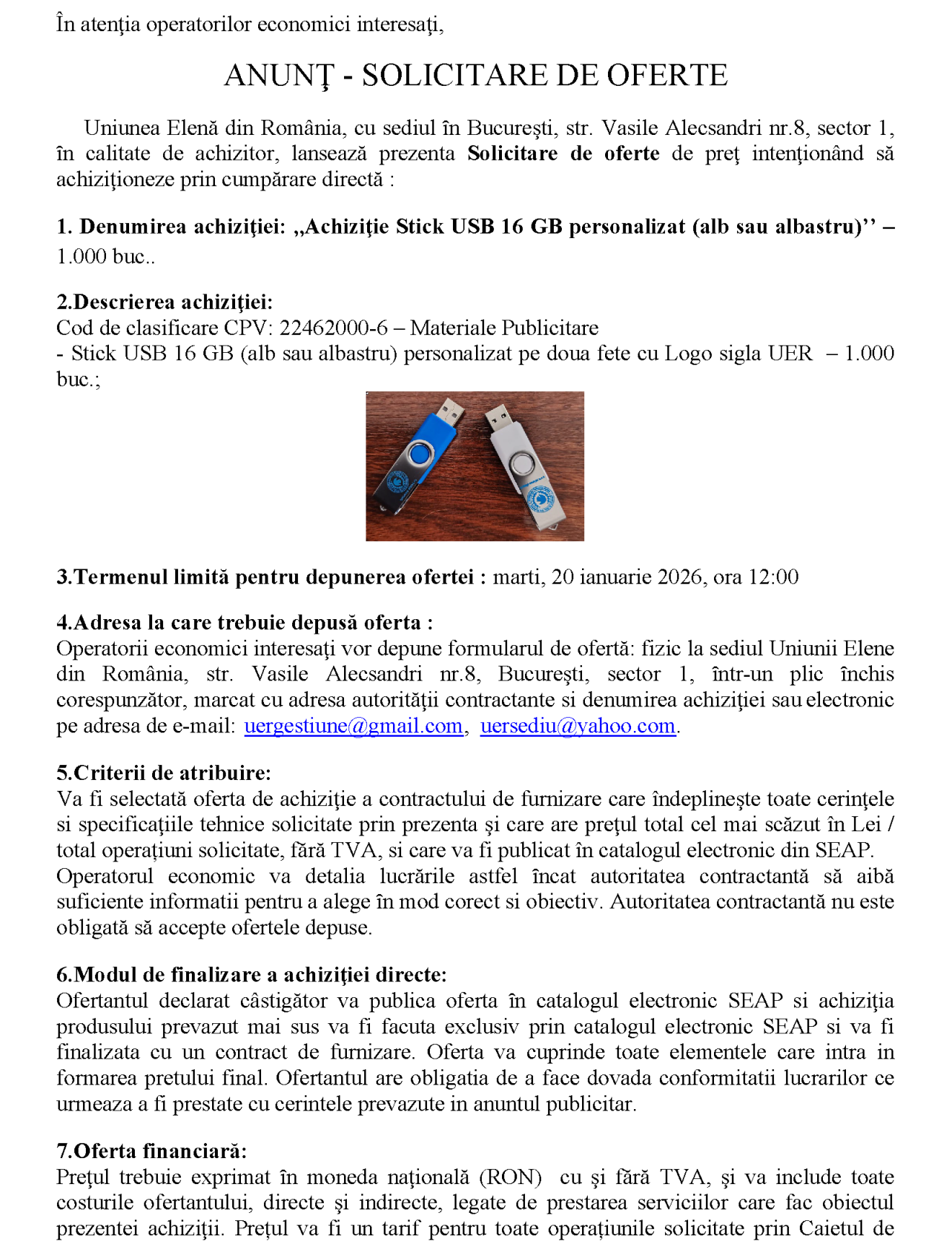 Achiziţie – Memorie USB – 16 GB (alb sau albastru) personalizat