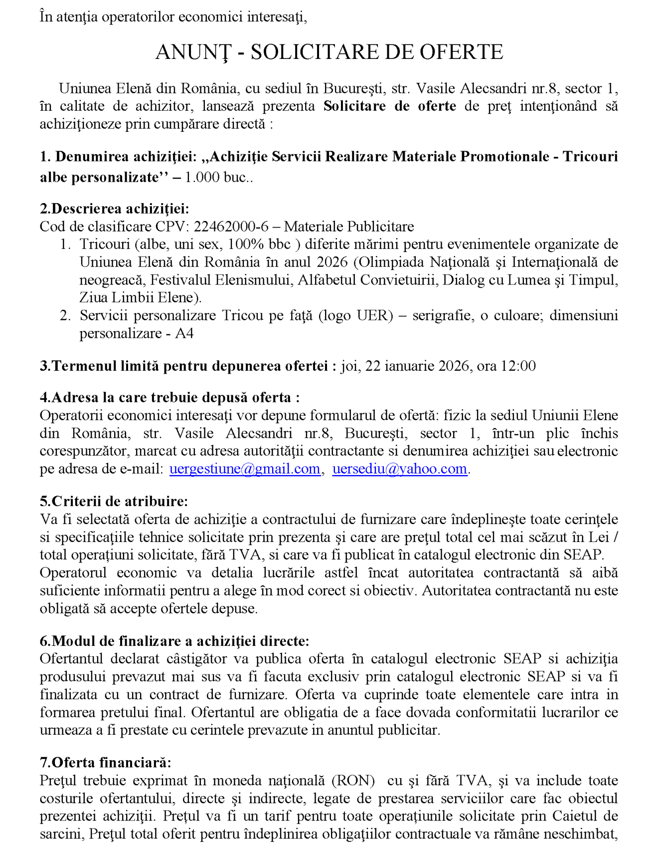 Achiziţie servicii realizare materiale promoționale - Tricouri albe personalizate