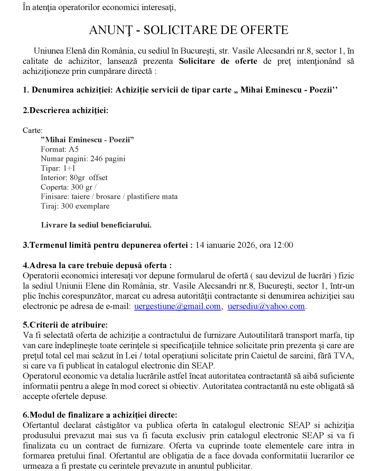 Achiziţie servicii tipărire carte - ”Mihai Eminescu - Poezii”