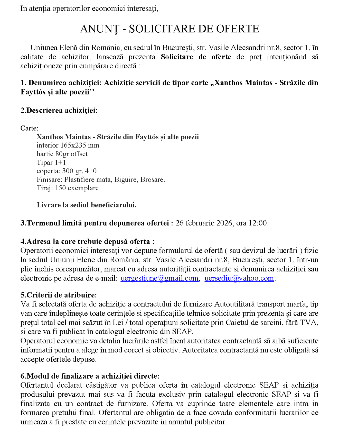Achiziție servicii de tipar carte: „Xanthos Maintas - Străzile din Fayttós şi alte poezii’’