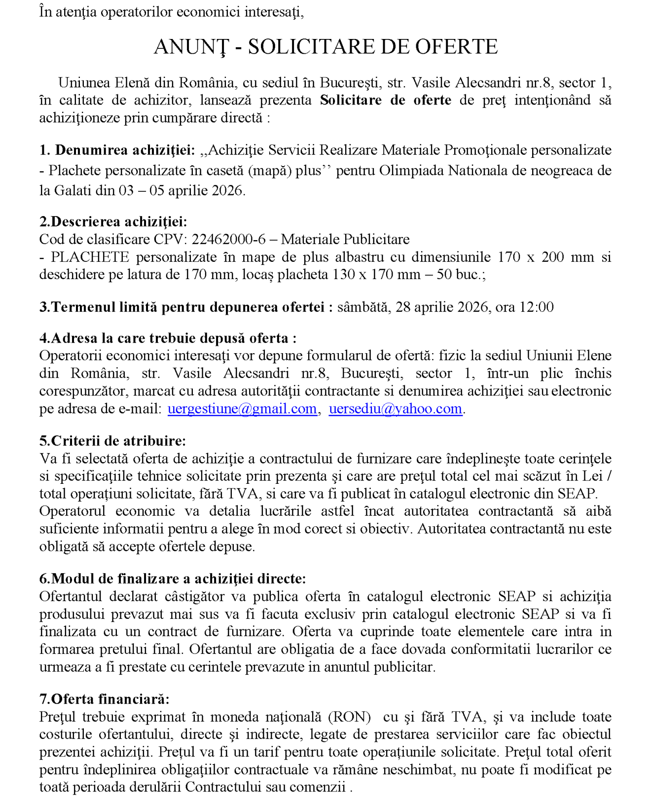 Achiziţie servicii realizare materiale promoţionale personalizate – plachete personalizate ȋn casetă (mapă) pluș – Olimpiada Națională 2026