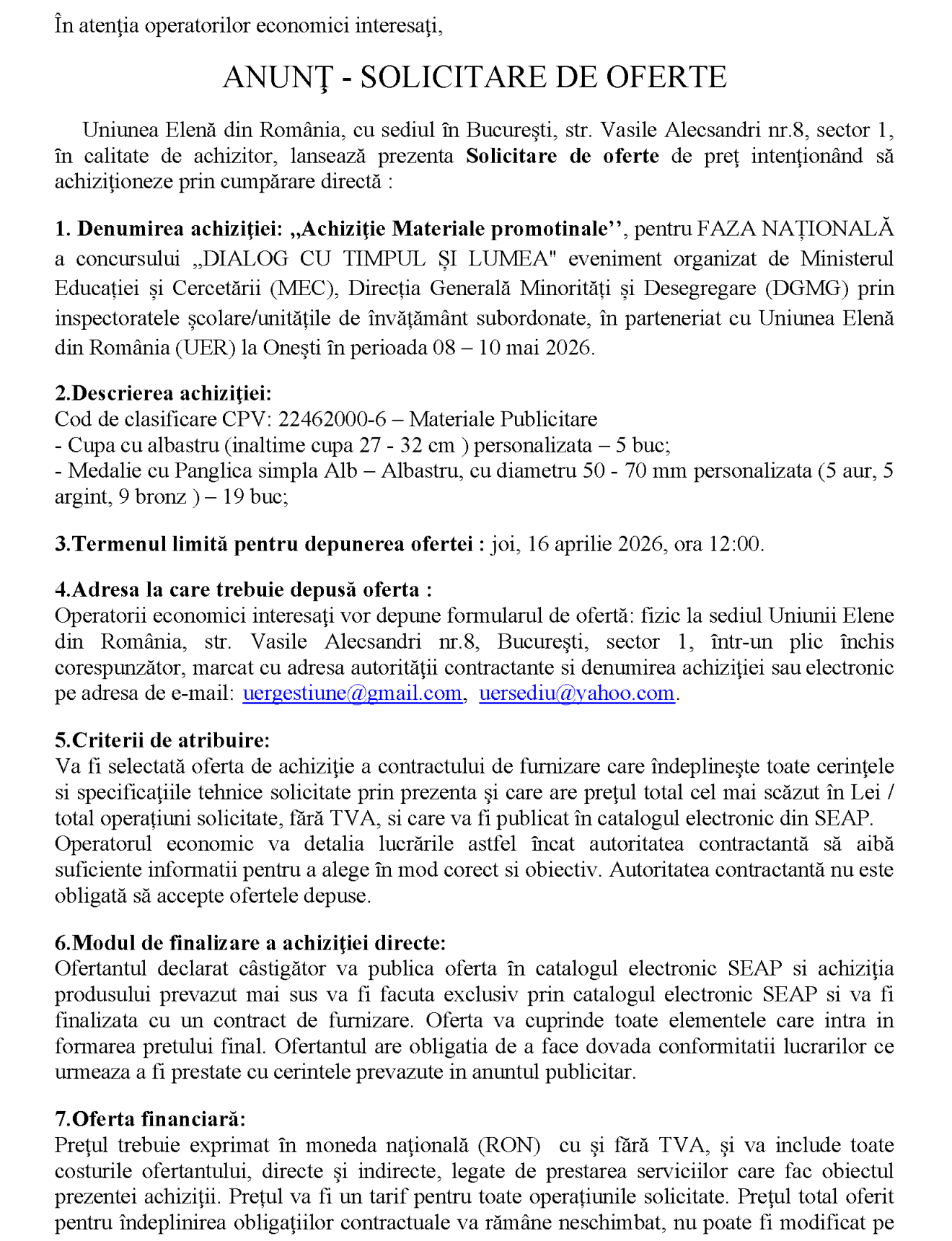 Achiziţie Materiale promotinale - cupe și medalii