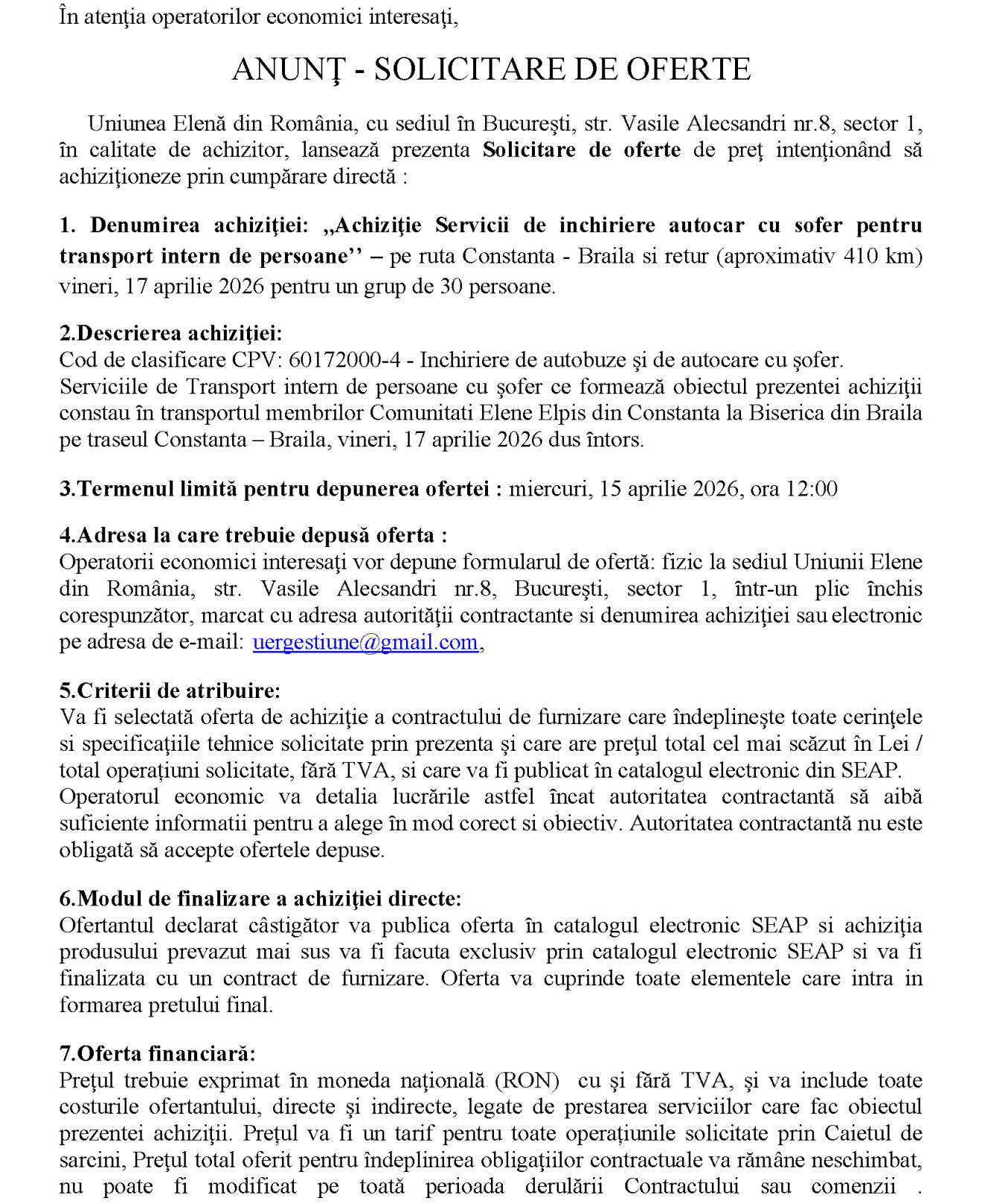 Achiziţie servicii de închiriere autocar cu șofer pentru transport intern de persoane Constanța - Brăila