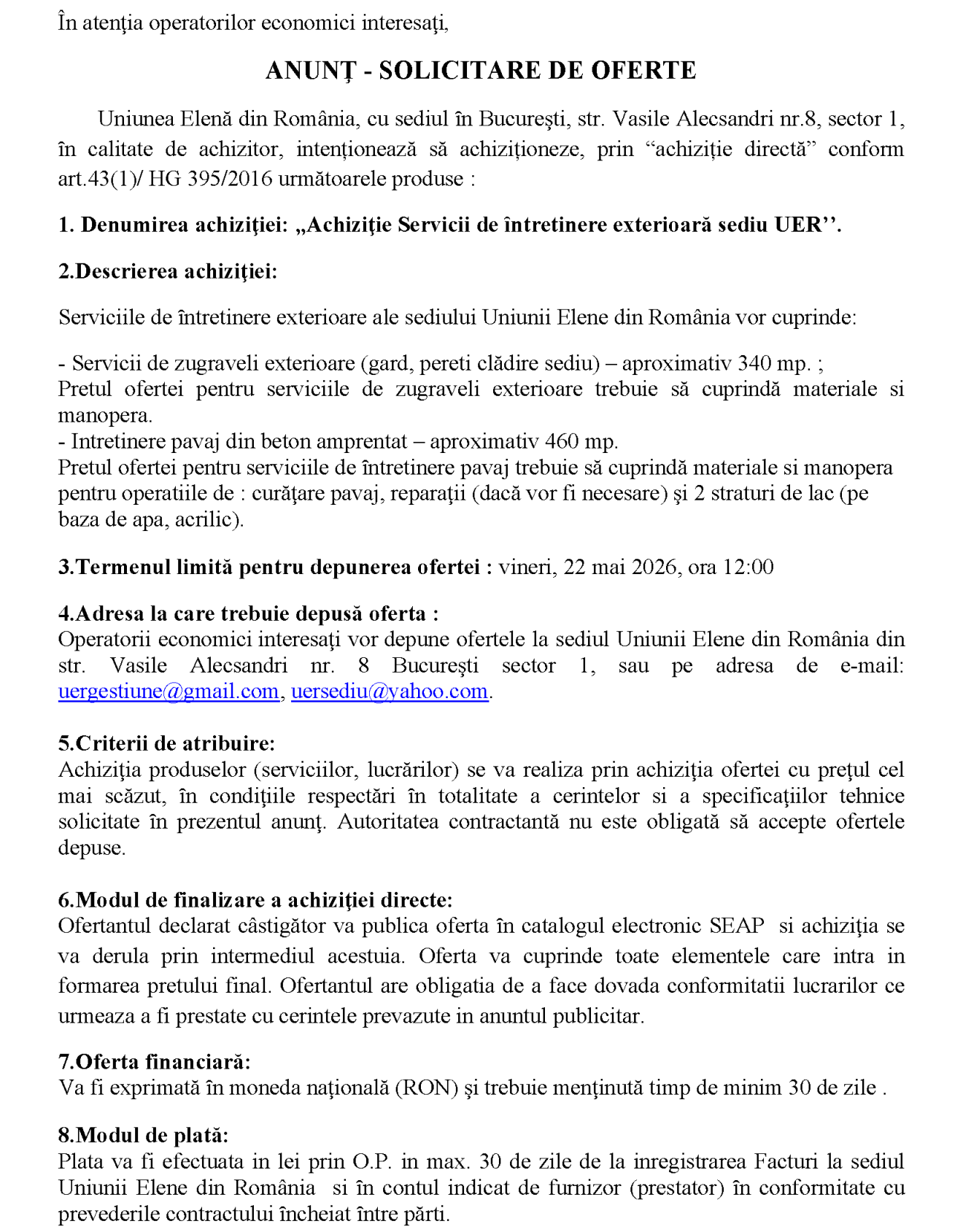 Achiziţie Servicii de ȋntretinere exterioară sediu UER - 2026
