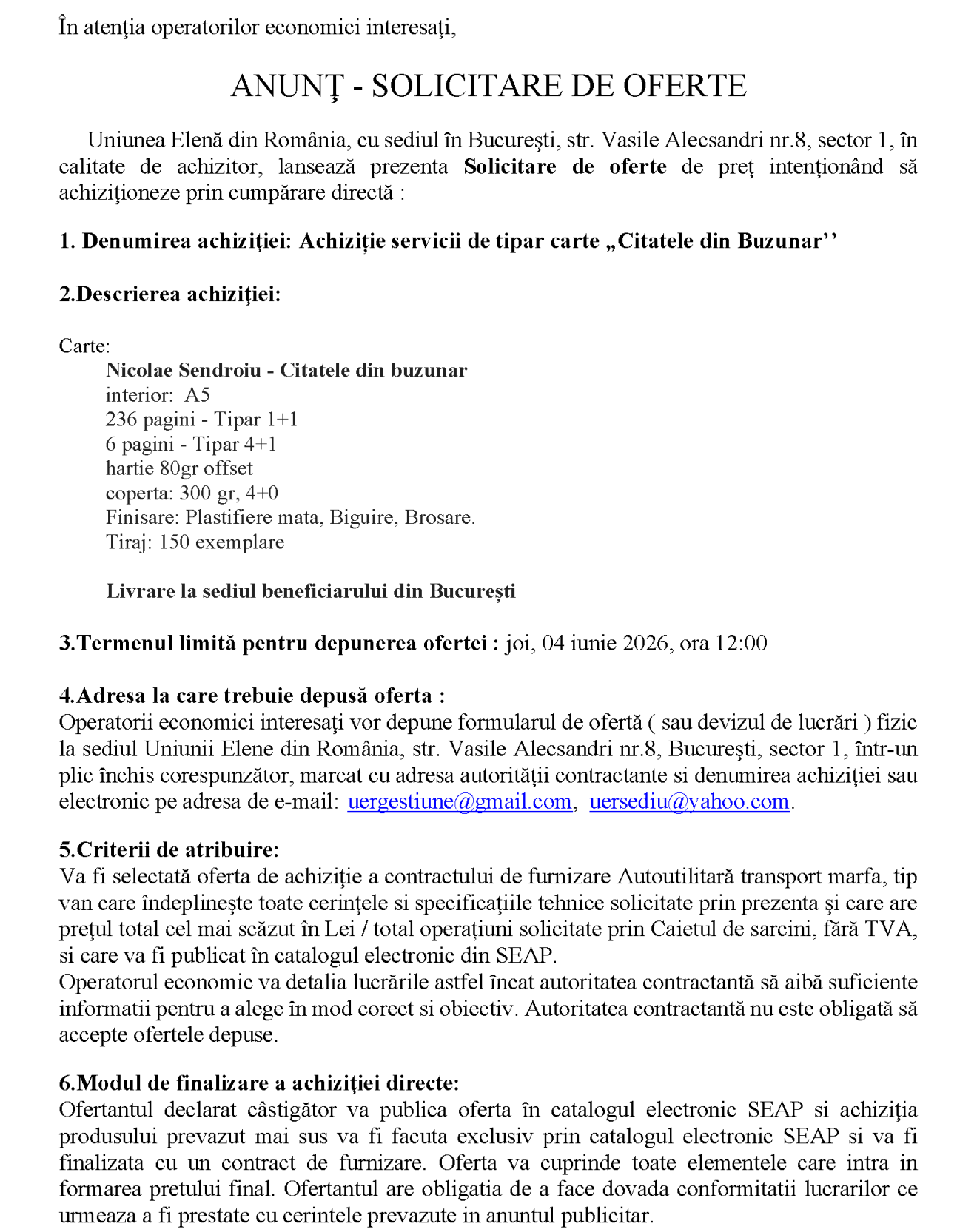 Achiziție servicii de tipar carte „Citatele din Buzunar’’
