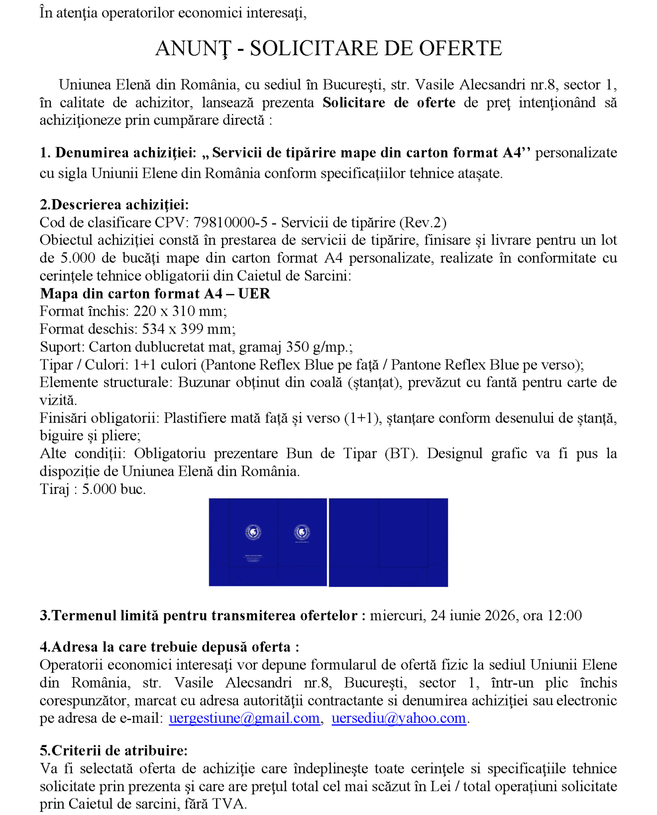 ACHIZITIE SERVICII de tipar mape personalizate UER - 2026