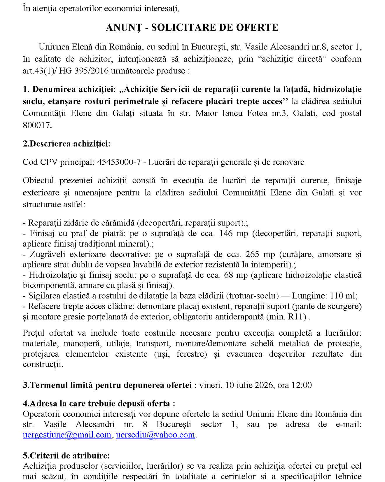 Achiziţie servicii de reparații curente la fațadă, hidroizolație soclu, etanșare rosturi perimetrale și refacere placări trepte acces