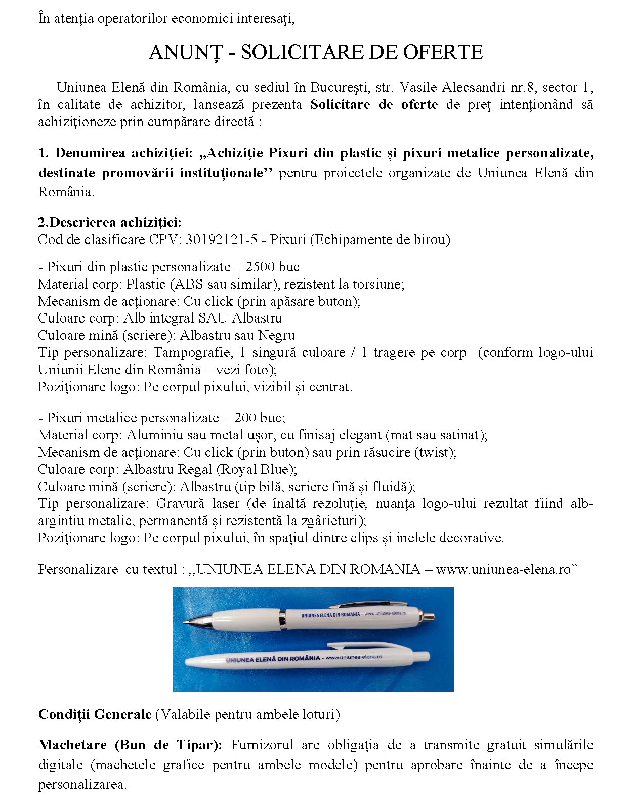Achiziţie pixuri din plastic și pixuri metalice personalizate, destinate promovării instituționale