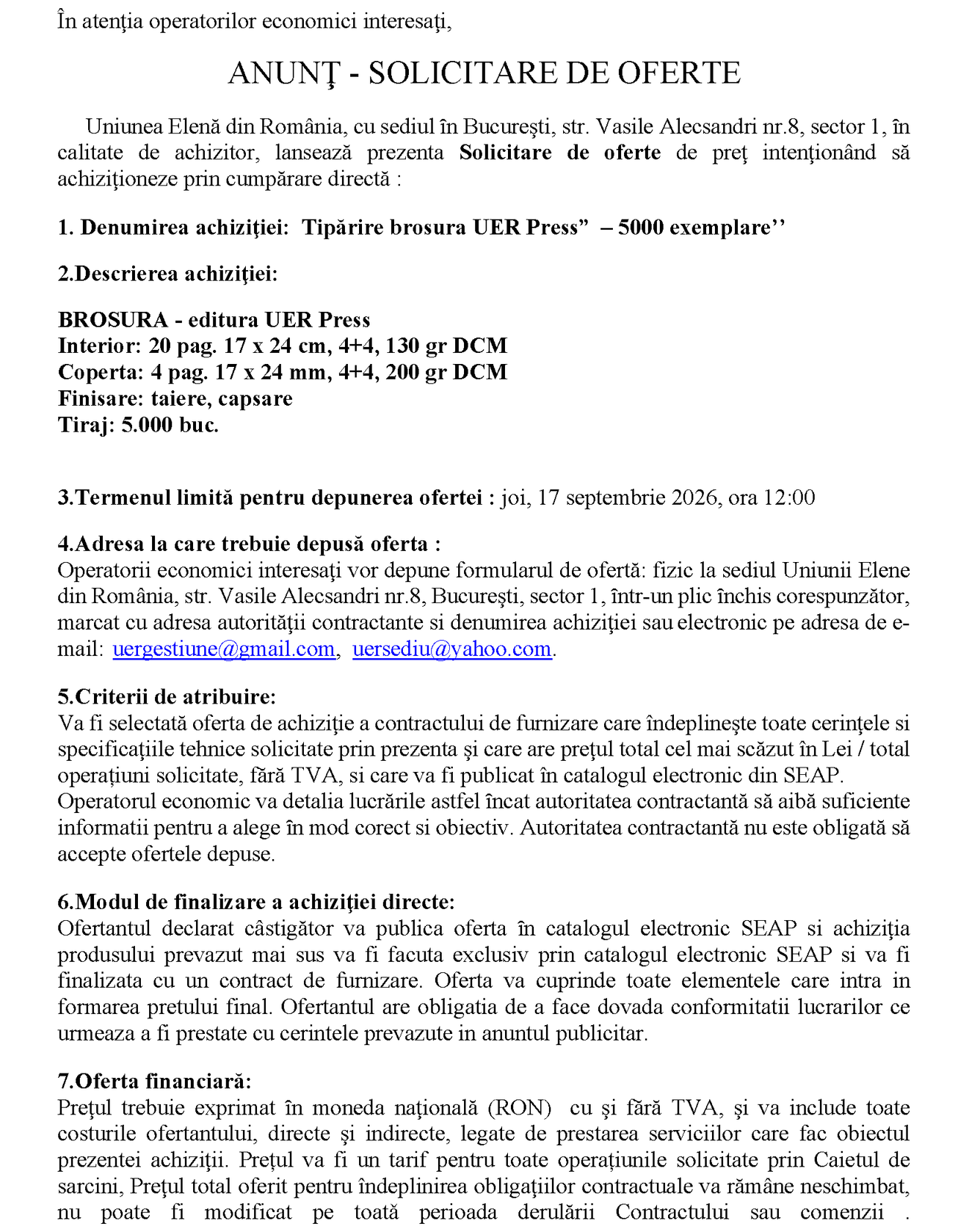 Revenire achiziție servicii tipărire brosura UER Press