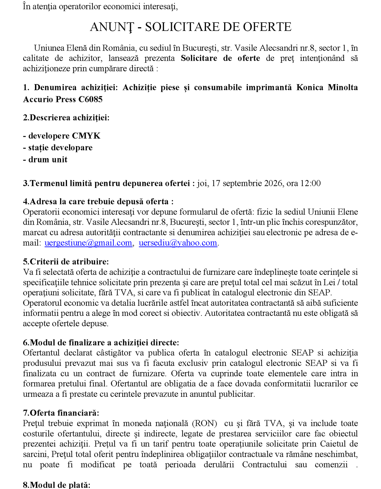 Achiziție piese și consumabile imprimantă Konica Minolta Accurio Press C6085