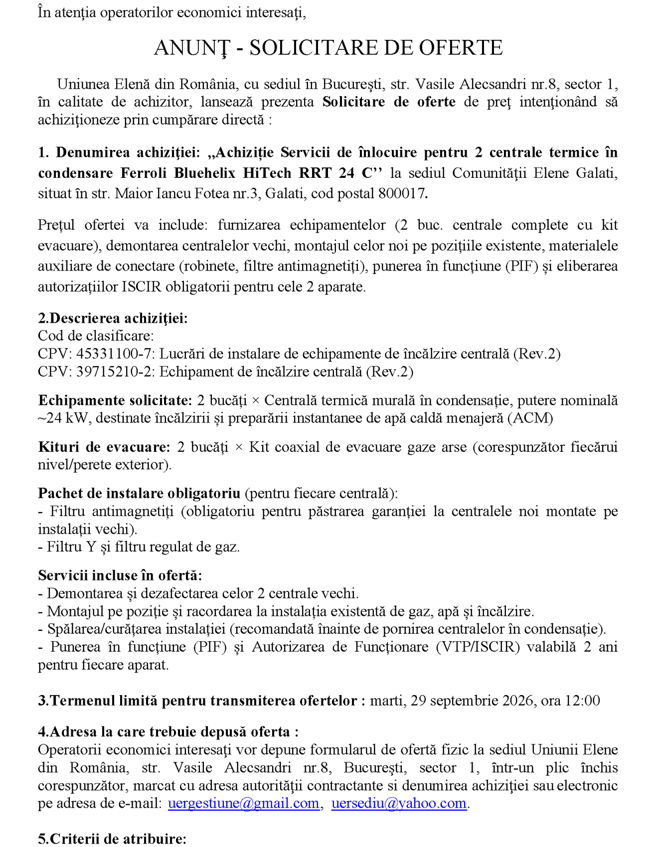 Achiziție servicii de înlocuire centrale termice în condensare Ferroli Bluehelix HiTech RRT 24 C